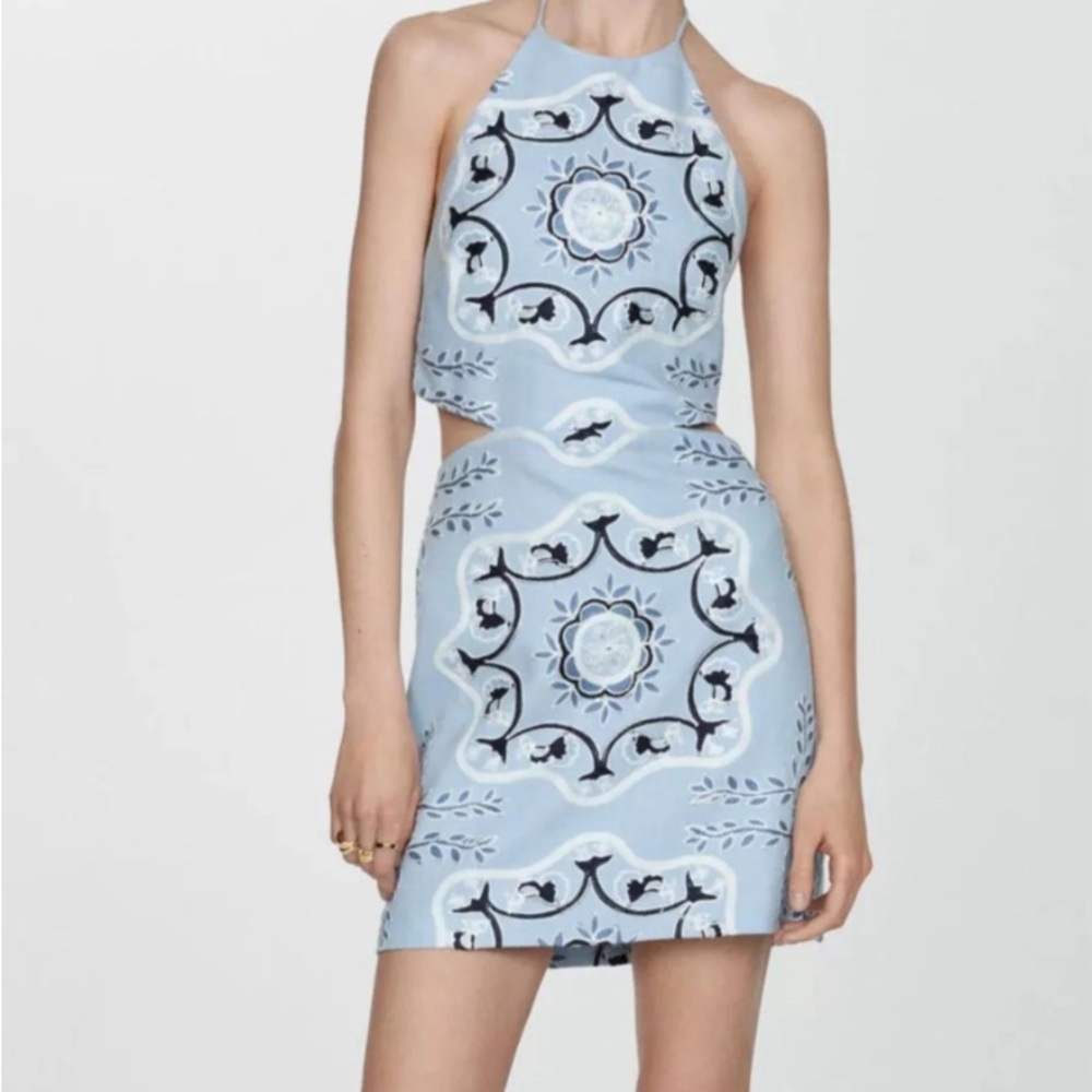 Mango Blue Embroidered Mini Halter Dress XS